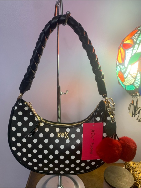 Betsey Johnson Handbags - Betsey Johnson Black & White Polka Dot Crescent Satchel with Red Pom Pom